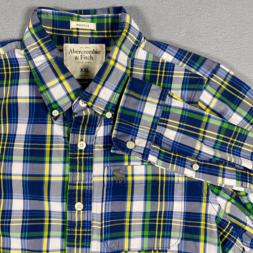 Abercrombie & Fitch Mens XXL Muscle Fit Plaid Button Down Shirt Blue‎ Green